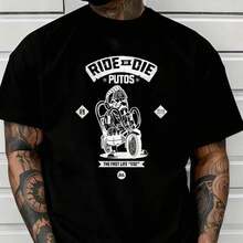 Short-Sleeved T-Shirt With Biker Print And Text - Black - View 1