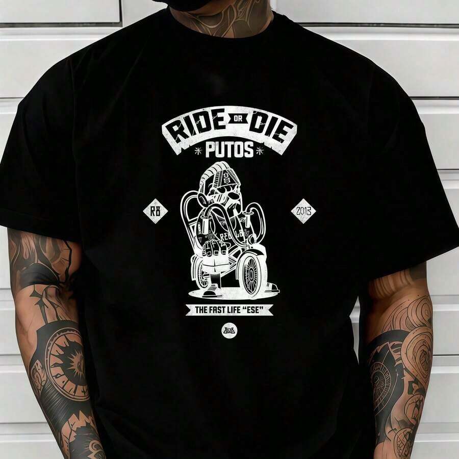 Short-Sleeved T-Shirt With Biker Print And Text - Black - View 1
