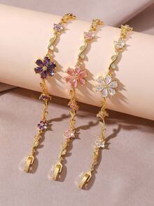 1pc High Quality Shiny Zirconia Tennis Bracelet, Electroplated , Unique Floral & Leaf Design In Pink, Green, Purple, Colorful Cubic Zirconia, Fashionable Daily/Festival Gold Accessory, Bridal Jewelry, Bridesmaid Gift, Mother's Day Gift, Valentine's Day Christmas Gift, Summer Accessory - Gold - View 4