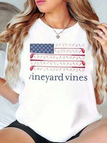 1 Piece Women's Short Sleeve T-Shirt With Pocket And American Golf Flag Design, 100% Cotton, Casual Urban And Hip-Hop Style, Summer T-Shirts For Women, 180g 100% Cotton. - 白色 - 查看 1