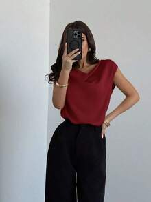 Blusa de satén elegante y chic de color albaricoque con cuello asimétrico plisado y sin mangas, adecuada para citas, bodas, ir a trabajar, primavera/verano - Burdeos - Ver 6