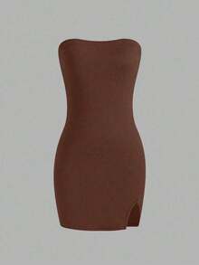 Vestido de tubo de color liso con abertura alta para ropa de Año Nuevo, minivestido corto para mujer - Cafetería - Ver 3