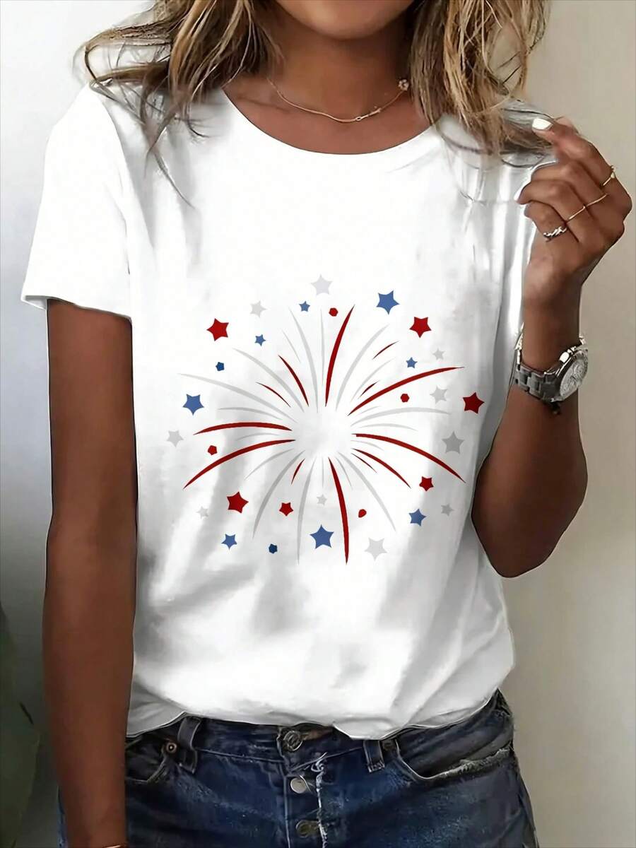 V-Neck T-Shirt, Standard Size, Fireworks Print, Casual T-Shirt, Suitable For Daily Life, Going Out, Casual Wear, It Is The Best Choice For Friends And Family. - 白色 - 查看 1