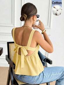 Camiseta de tirantes de algodón de unicolor casual para mujer - Amarillo claro - Ver 7