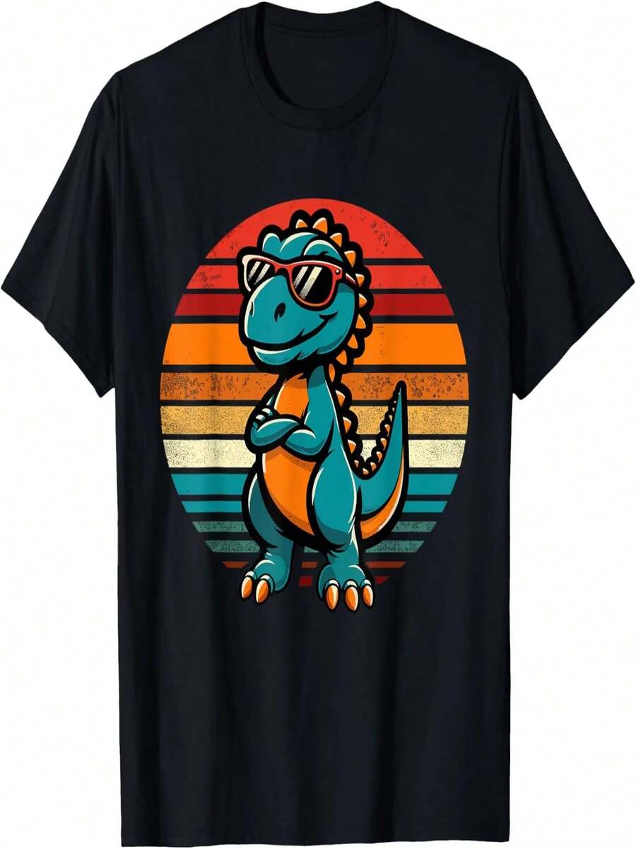 Camiseta retro con estampado de dinosaurio Tyrannosaurus Rex para ni?as y ni?os, camiseta de regalo con dise?o original, camiseta divertida. - Negro - Ver 1