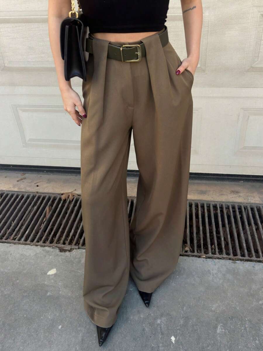 Summer Women's Tailored Wide-Leg Pants, High-Waist Design, Exposed Seams, Fashionable Style (No Belt) - Volcanic Gray - View 1