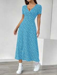 Vestido casual de verano con cuello en V, manga corta y estampado floral diminuto (corte aleatorio) para mujer - Multicolor 10 - Ver 4