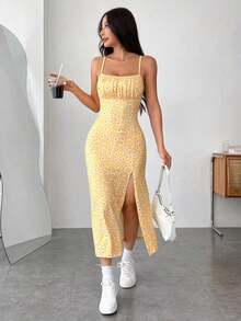 Nuevo vestido de punto con estampado de primavera/verano, tirantes de espagueti y abertura lateral para mujer.Vestido de verano sexy para vacaciones, vestido lavanda, conjunto de dos piezas lavanda, vestido floral lavanda, vestido floral mor - Amarillo - Ver 6