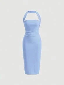 Vestido ajustado con cuello de halter fruncido y espalda descubierta - Azul - Ver 5