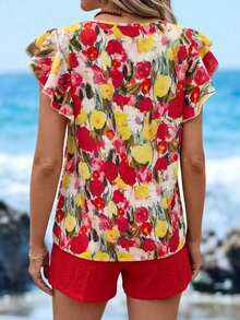 Blusa de cuello redondo con volantes y estampado de sombras florales primaverales para mujeres - Multicolor - Ver 3