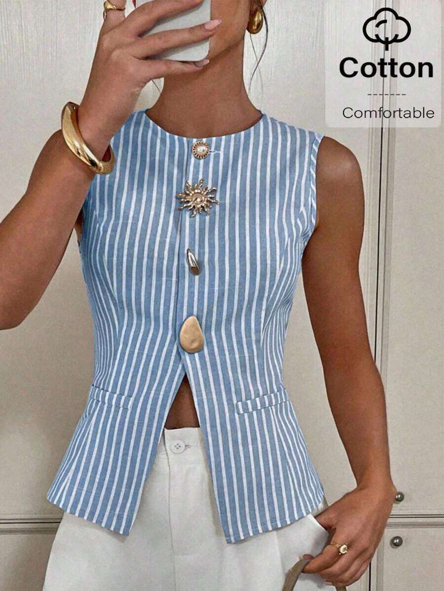 Camiseta de tirantes de verano informal con botones delanteros a rayas para uso diario de mujeres - Celeste - Ver 1
