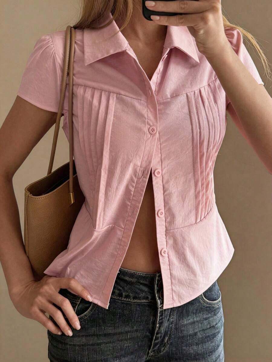 Blusa blanca de manga corta ajustada con cuello para mujer, de unicolor, para el verano - Rosa 4 - Ver 1