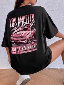 Women's Casual Black Knit T-Shirt, Versatile, Suitable For Streetwear, Everyday Wear, Y2K Style/Crop Top, Oversized, Crew Neck, For Camping, Concerts, Hip-Hop, Rock, And Rap Events. Short-Sleeved T-Shirt With Dropped Shoulders And A Los Angeles Car Print. - 黑色 - 查看 8