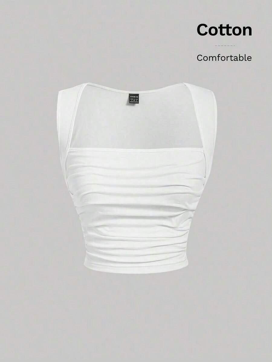 Conjunto de 4 piezas de top de tirantes ajustado y fruncido de cuello cuadrado de varios colores para mujer.Top corto sin mangas en negro, burdeos, marrón y blanco.Elegante y romántico para vacaciones, fiestas, ceremonias, playa, salidas casua - Blanco - Ver 1