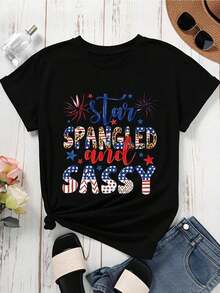 1 Piece Women's Crew Neck T-Shirt With Starry And Bold Print, Short Sleeve, 4th Of July Independence Day Celebration, Casual Patriotic Style, 180g 100% Cotton - 黑色 - 查看 3
