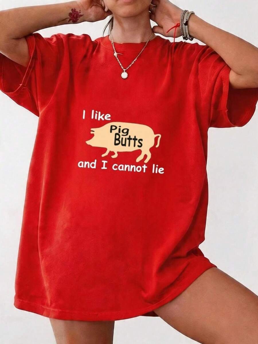 Women's Short Sleeve T-Shirt With Leopard Print And Pig Design, Stylish And Casual, Round Neck Casual Wear, Summer And Spring Leisure T-Shirt, Casual Sportswear, Ideal For Theme Parties, Beach Holidays, Breathable And Washable, Versatile Round Neck, Comfortable And Washable. - 紅色 - 查看 1