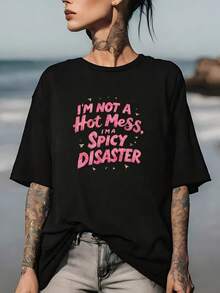 Camiseta Divertida para Mujer Mexicana con Estampado "No soy un desastre, soy un desastre picante" - Camiseta Casual de Manga Corta y Cuello Redondo con Estampado de Lema, Lavable a Máquina, Regalo Adecuado para Reuniones Familiares, Fiestas y Atuendos Casuales - Camiseta Gráfica Humorista de Algodón Moda Verano - Negro - Ver 7