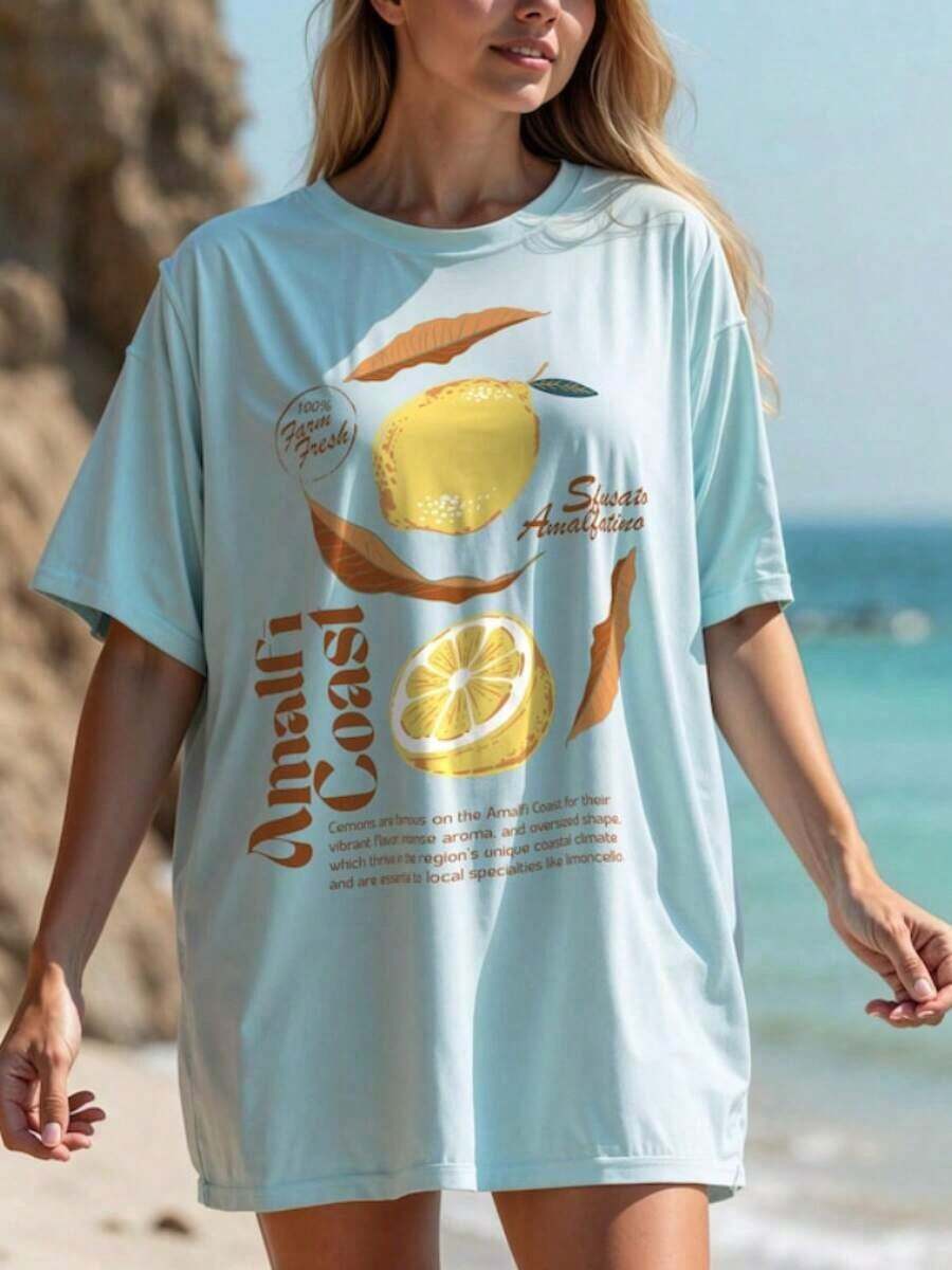 Amalfi Lemon Print T-Shirt - Italian Summer T-Shirt. A Casual Women's T-Shirt With A Multicolored Print, Featuring Rich Colors, Suitable For Summer; A Stylish Women's T-Shirt. - 多色 1 - 查看 1