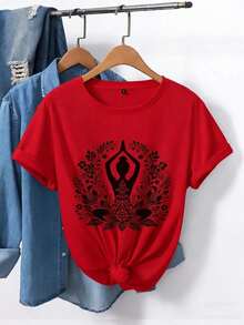 Short Sleeve T-Shirt With Lotus Mandala Print - Bohemian Design, Comfortable Crew Neck, Ideal For Yoga And Casual Wear, Suitable For All Seasons - 粉色 - 查看 6