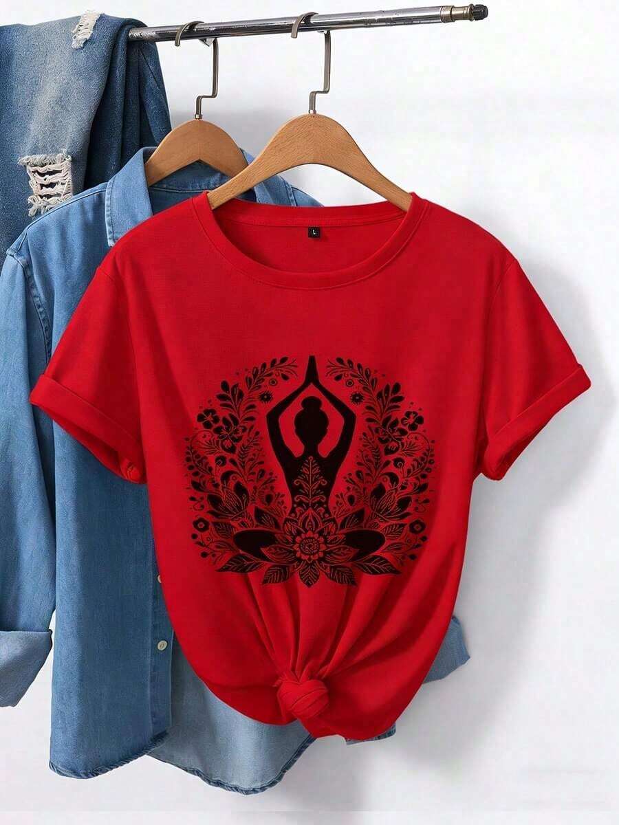 Short Sleeve T-Shirt With Lotus Mandala Print - Bohemian Design, Comfortable Crew Neck, Ideal For Yoga And Casual Wear, Suitable For All Seasons - 紅色 - View 1