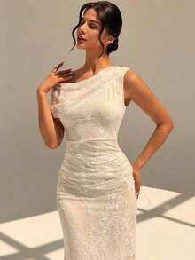 Vestido elegante y romántico para citas, fiestas, bodas y eventos, vestido de sirena con hombro asimétrico de encaje blanco, adecuado para té de la tarde, fiestas al aire libre, vestido formal, graduación, fiesta, baile de graduación, vestido de cumpleaños - Blanco - Ver 8