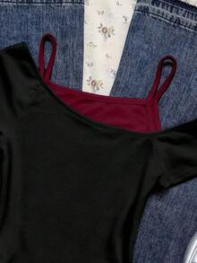 Camiseta de manga corta con estampado de gato negro asomándose en contraste de color, estilo casual y retro, adecuada para el verano - Rojo y negro - Ver 6