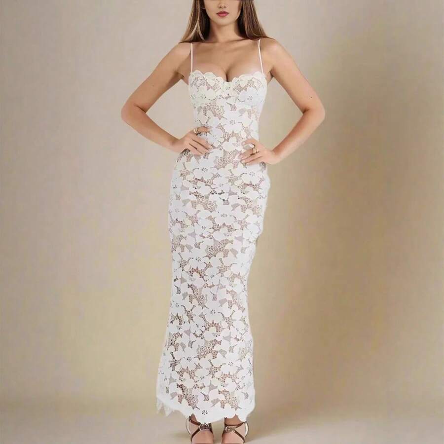 Vestido Largo Blanco Elegante, Escote Bandeau con Lazos, Encaje Sensual Corte Ajustado para Noche - Blanco - Ver 1