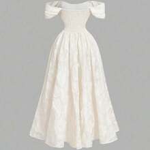 MOD Apricot Open Shoulder Mid-Length Dress, Ball Gown, Prom Dress White.Ivory Off-Shoulder Jacquard Maxi Dress, Vintage Princess Style, Wedding Guest Dress, Bridal Gown, Party, Evening, Banquet, Formal, Textured Fabric, Ball Gown, Ruched Bodice, A-Line Silhouette, Elegant, Romantic, Classic, Soft Satin, Floor Length, Puff Sleeves, Fairytale, Ceremony, Reception, Engagement, Anniversary, Dinner, Flowy Skirt, Couture, Luxury, Occasion, Special Event, Prom, Timeless, Modern, Chic, Fashionable - Rosa Pálido - Ver 3
