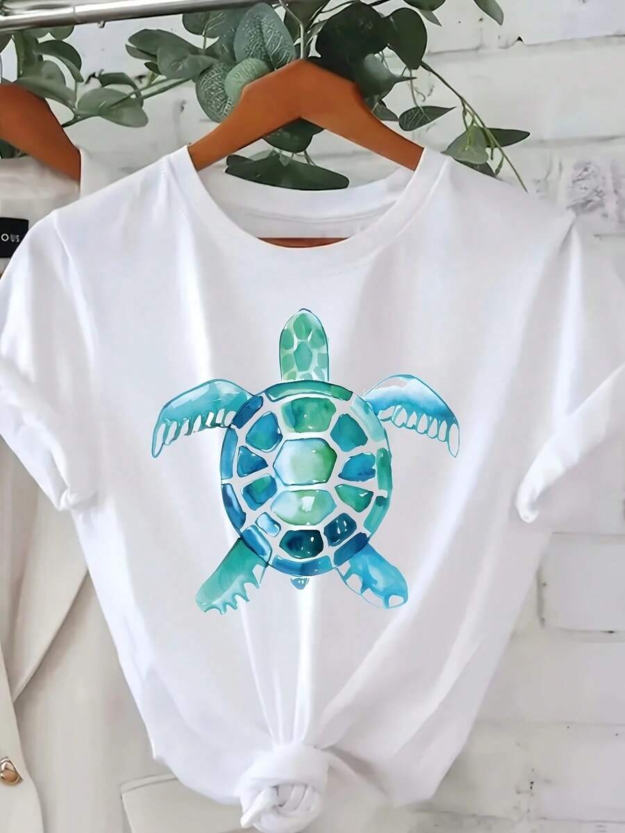 Camiseta de Verano Premium Estampada para Mujer, Talla Grande - Camiseta de Mujer de Talla Grande, Suave y Transpirable, con Estampado de Tortuga, Manga Corta Holgada, Cuello Redondo, Blanca, Diseño Océano Azul-Verde, Adecuada para Uso Diario Casual, Camiseta Casual de Cuello Redondo Suave para Todas las Temporadas. - Blanco - Ver 1