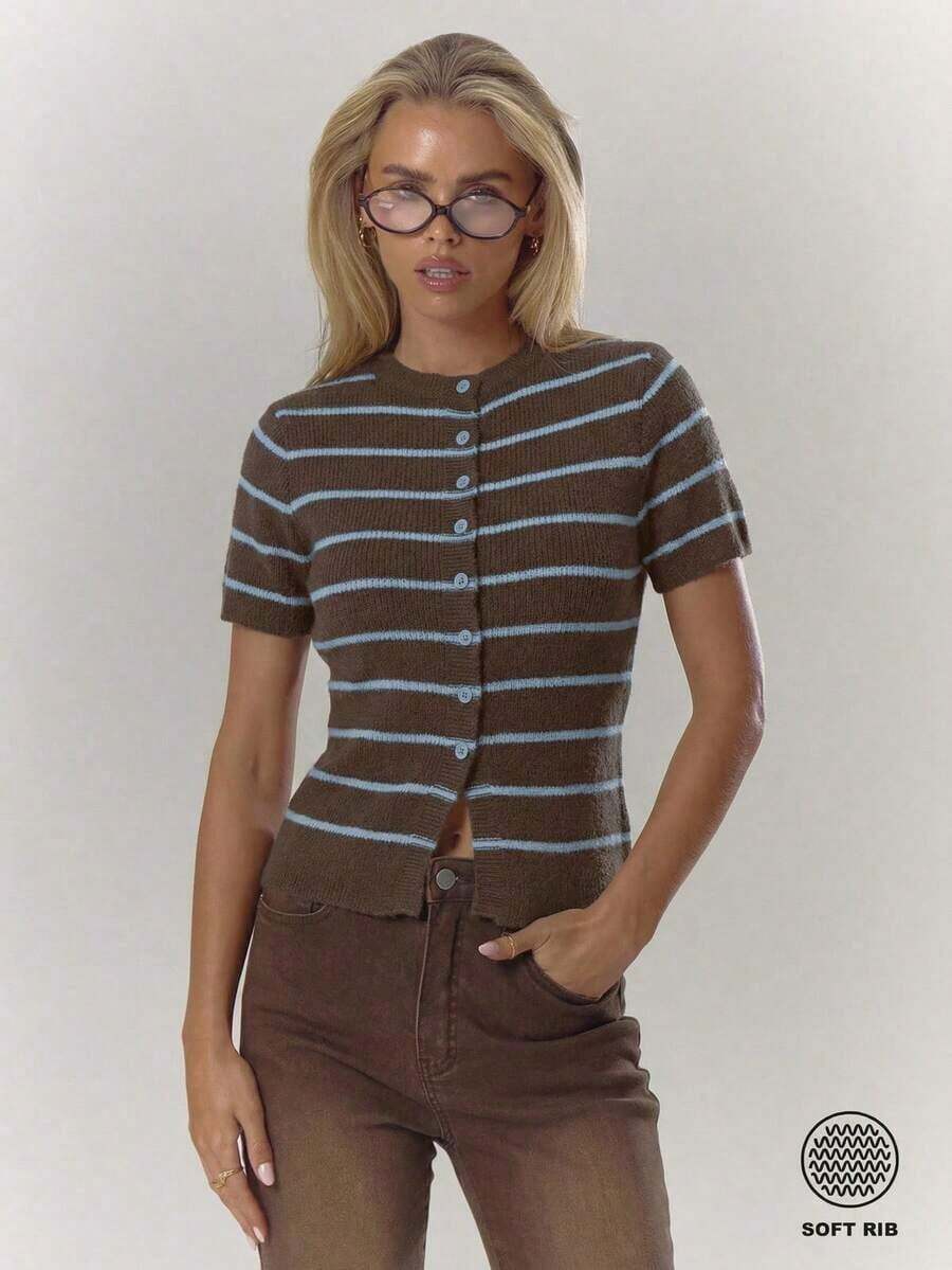 Suéter elegante de primavera, de punto acanalado con botones, de manga corta ajustada, cómodo y lindo, para uso casual, de club de café, de invierno, de fiesta de noche, de Día de San Valentín, de verano - Marrón Chocolate 2 - Ver 1
