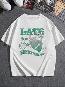 A White Rabbit Running With A Clock Symbolizes Constant Haste And The Charm Of Being Late, Reminding Us To Enjoy The Moment. A Comfortable, Modern, Soft, Casual Women's T-Shirt For Everyday Wear. - 白色 - 查看 3
