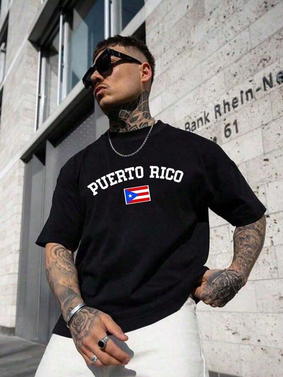 Camiseta azul con gráfico de la bandera de Puerto Rico para hombre Y2K Camisetas gráficas para hombre Tops USPN - Negro - Ver 1