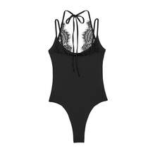 DEEKA Summer New Women's Fashion Sexy Interactive Lace Halter Bodysuits Black Elegant - màu đen - Xem 2