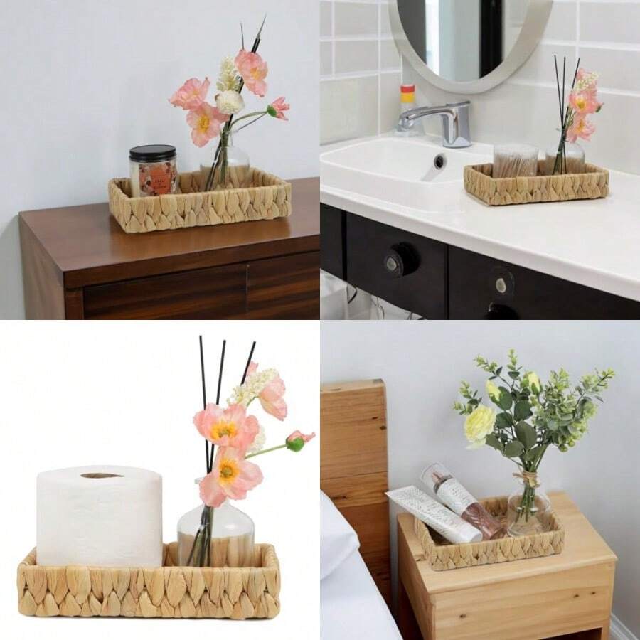 Bandeja de baño para encimera, cesta de baño de jacinto de agua de 10 pulgadas, bandeja de cambiador de baño, bandeja de mimbre de ratán para decoración de baño, mesa de centro tamaño pequeño - Natural - Ver 1