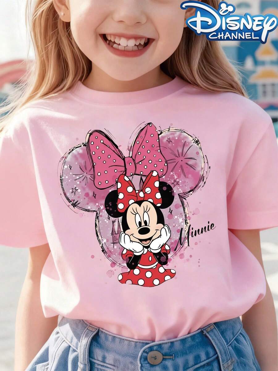 [Authentic] Minnie Mouse Print Disney Girls' Summer Round-Neck Casual T-Shirt-Perfect As A Birthday Gift, Girls' Summer T-Shirt - 粉色 - 查看 1