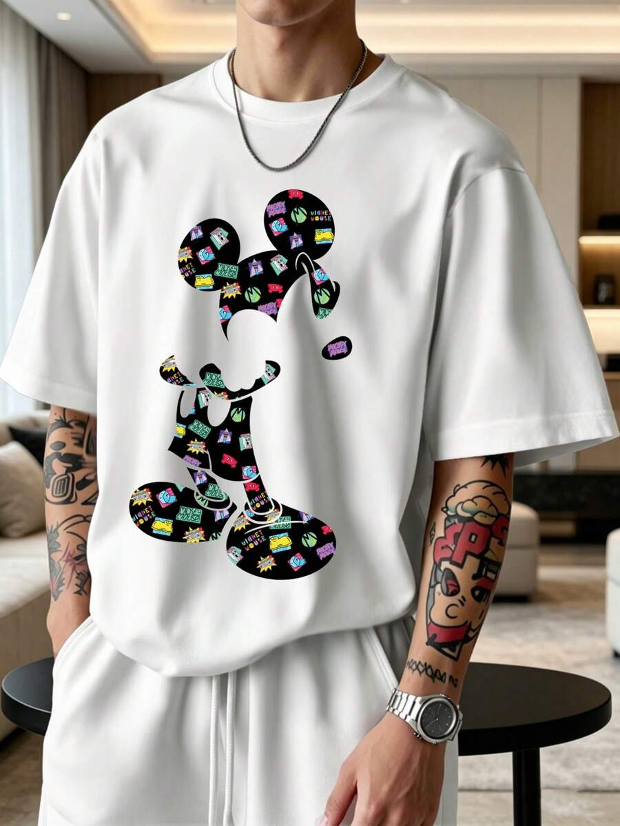 Disney American Casual Mickey Mouse Print Short Sleeve T-Shirt, Men's Summer Regular Fit Cartoon Homewear Top - White - View 1