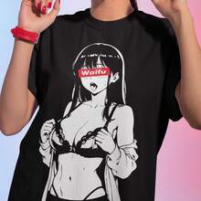 Camiseta UniS1ex Waifu Material Anime Woman, Camiseta Manga - Negro - Ver 1