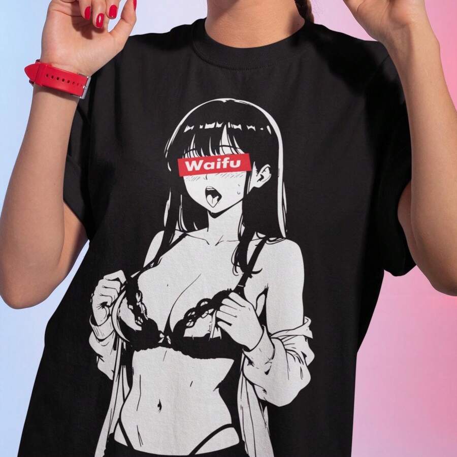 Camiseta UniS1ex Waifu Material Anime Woman, Camiseta Manga - Negro - Ver 1