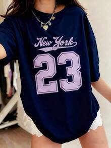 Break The System Plus Size - Plus Size - A Women's Short-Sleeved T-Shirt In New York Style, Made From Sheer, Breathable Fabric, With A Relaxed Fit And The Printed Text "New York 23". This Casual Top Is Perfect For Everyday Wear, With A Crew Neck Letter Design And A Relaxed Fit - 海軍藍 - 查看 6