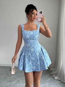 Vestido mini azul de mujer con cuello ancho, sin mangas, cintura recogida y textura de jacquard, elegante y romántico para graduación, baile de graduación, fiesta, festival de música, vacaciones - Azul - Ver 5
