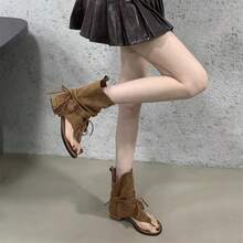 Maillard Retro Tassel Strap Thong Sandals, Western-Style Flat Roman Sandals - 卡其色 - 查看 1