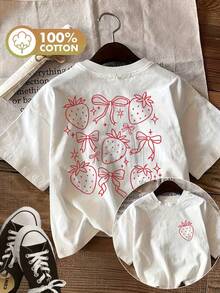 [Impresión a Doble Cara]Camiseta Casual de Verano para Mujer, Estilo Dulce con Estampado de Fresas y Lazo, Manga Corta, Cuello Redondo, Algodón Puro - Camiseta de Manga Corta de Algodón, Estilo Vintage Urbano, Unisex, Corte Holgado, blusas para mujer. blusas.blusas casuales para dama. - Blanco - Ver 6