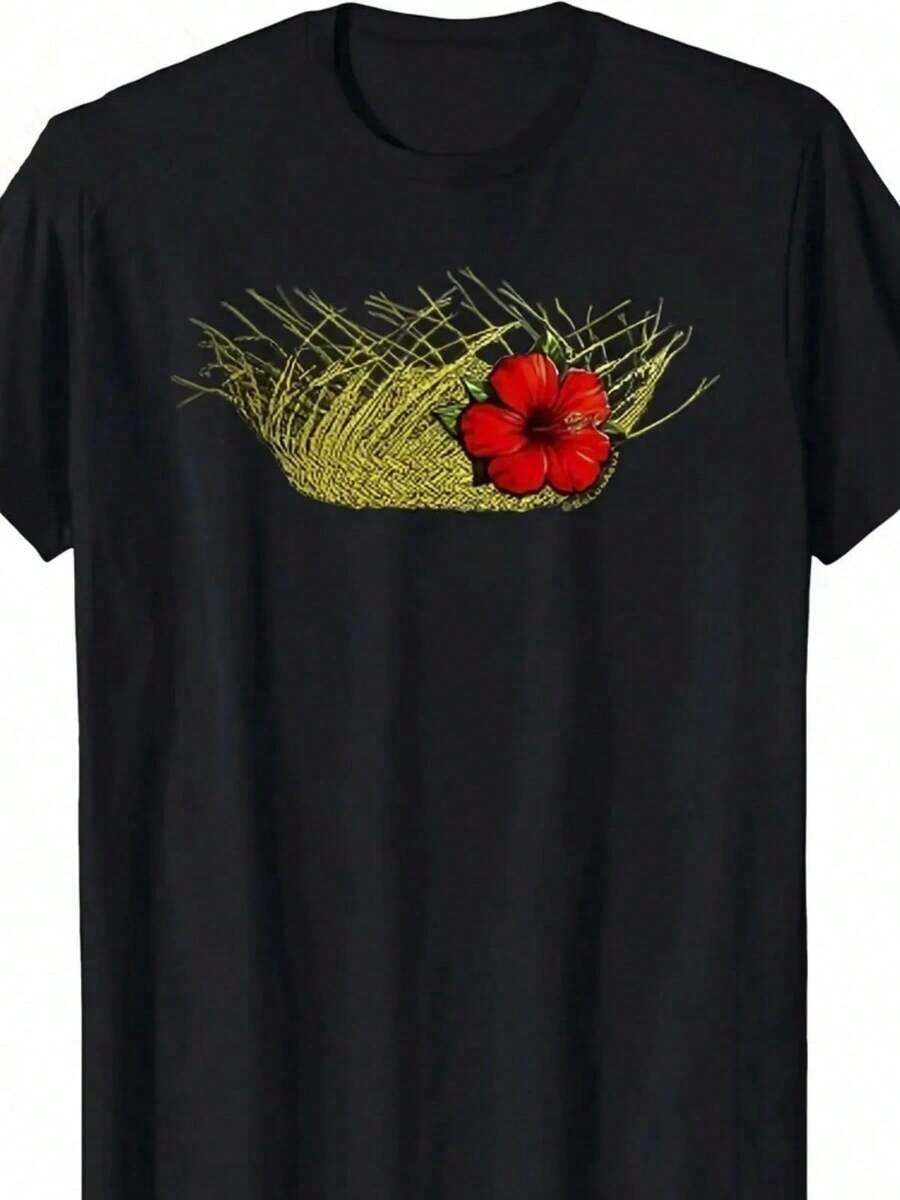 Camiseta Para Hombre% Algodón Con Estampado De Hibisco H - Negro - Ver 1