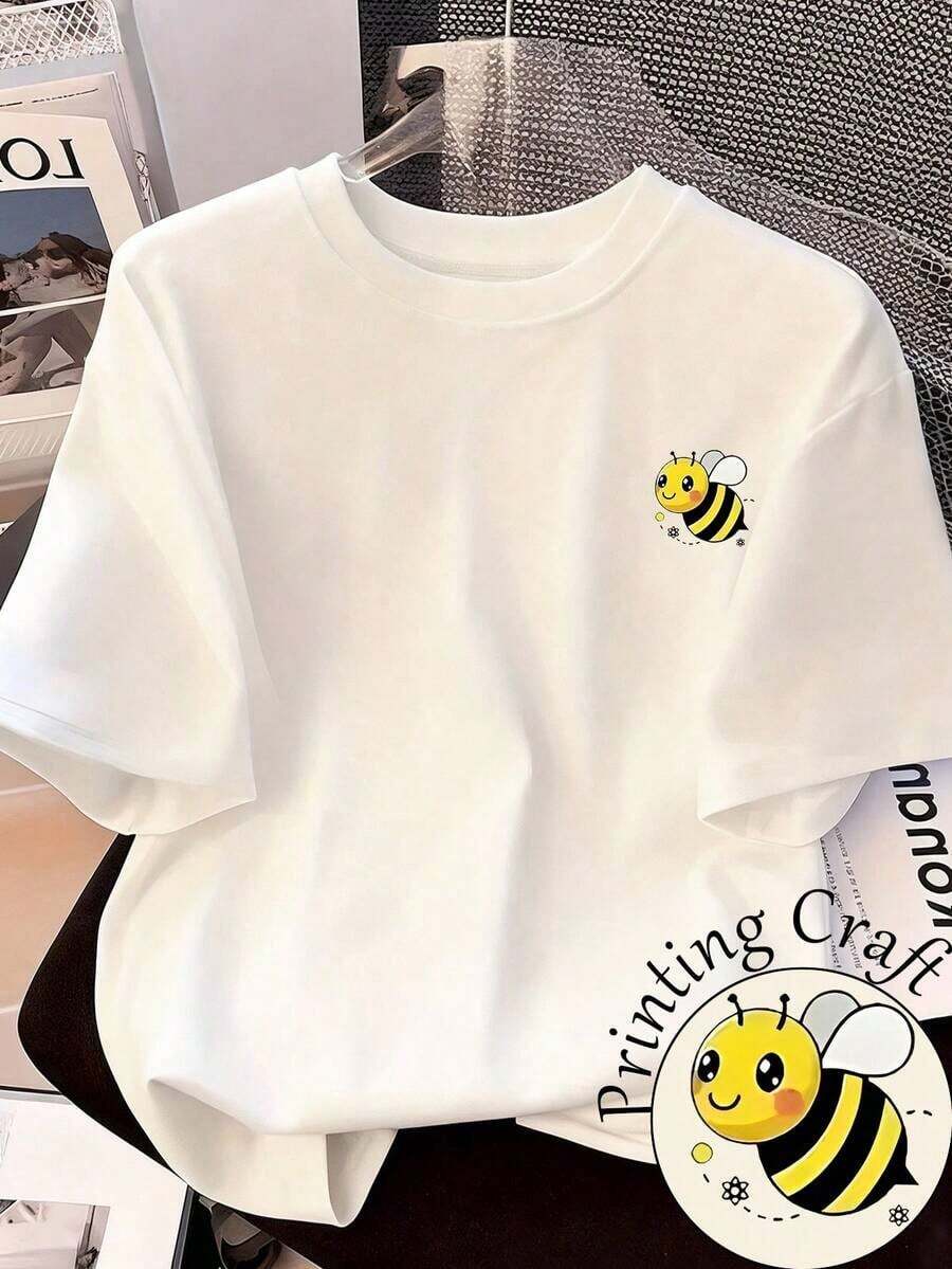 tops de mujer con estampado de abeja pequeña, playera de algodón blanca con diseño lindo y minimalista, ideal para looks frescos en 2026 - Blanco - Ver 1