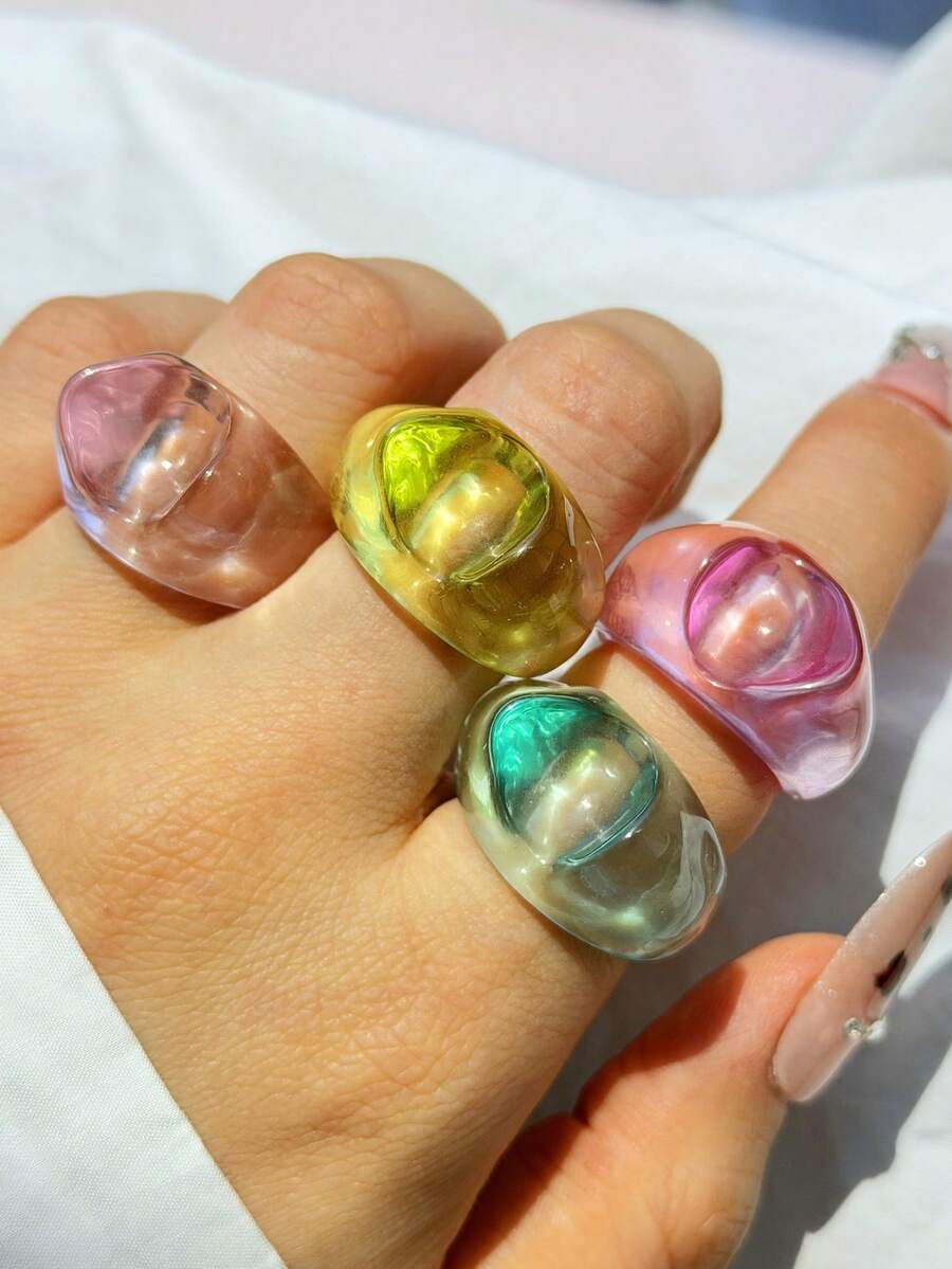 4pcs Set Fashionable Glamorous Sparkling Unique Delicate Creative Luxury Versatile High-End Elegant Translucent Colorful Asymmetrical Cat Head Resin Rings, Suitable For Daily Wear, Festivals And Parties - View 1