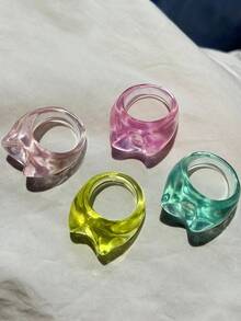 4pcs Set Fashionable Glamorous Sparkling Unique Delicate Creative Luxury Versatile High-End Elegant Translucent Colorful Asymmetrical Cat Head Resin Rings, Suitable For Daily Wear, Festivals And Parties - View 6