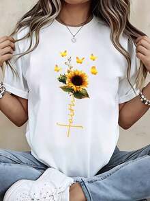 Camiseta Moderna y Minimalista para Mujer, con Estampado de Girasoles y Mariposas, Estilo Casual de Verano para Uso Diario y Actividades al Aire Libre - Blanco - Ver 7