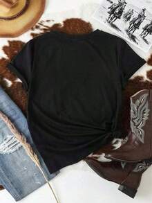 Women's Fitted Short-Sleeved Crew Neck T-Shirt With Bull Head Print, Suitable For Summer - Casual Cotton Street Style - 黑色 - 查看 2