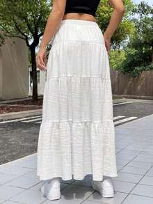 Falda blanca de mujer para vacaciones con diseño entretejido, casual con cordón, volantes en el bajo, de corte maxi en capas, de talle ultra bajo, de ajuste regular, para uso diario casual en primavera/otoño - Blanco - Ver 2