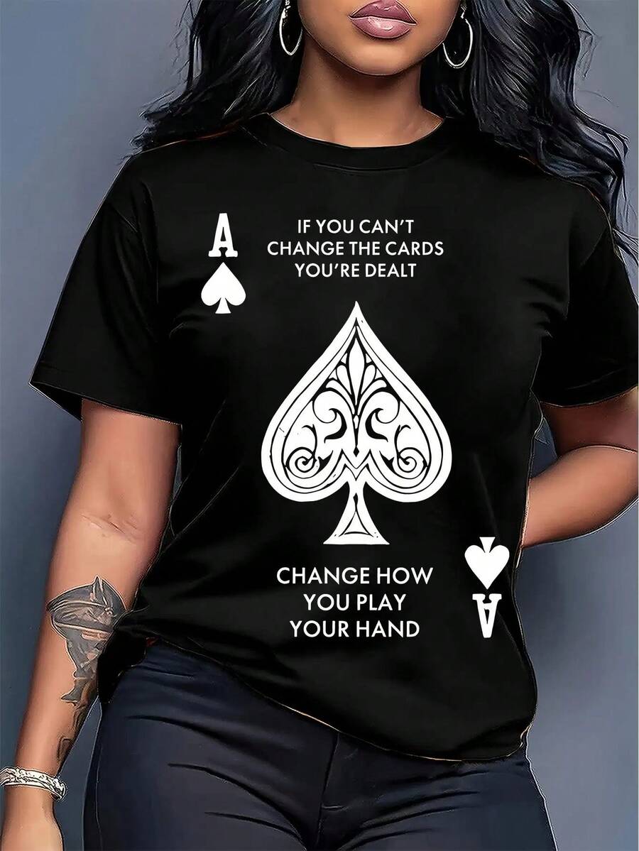 Plus Size, Women's Plus Size Ace of Spades () Card Suit Graphic T-Shirt - Short Sleeve Crew Neck Casual Blouse Top, Spring Summer Casual Attire, Comfortable & Versatile Plus-Fit Tee for Professional or Outfits